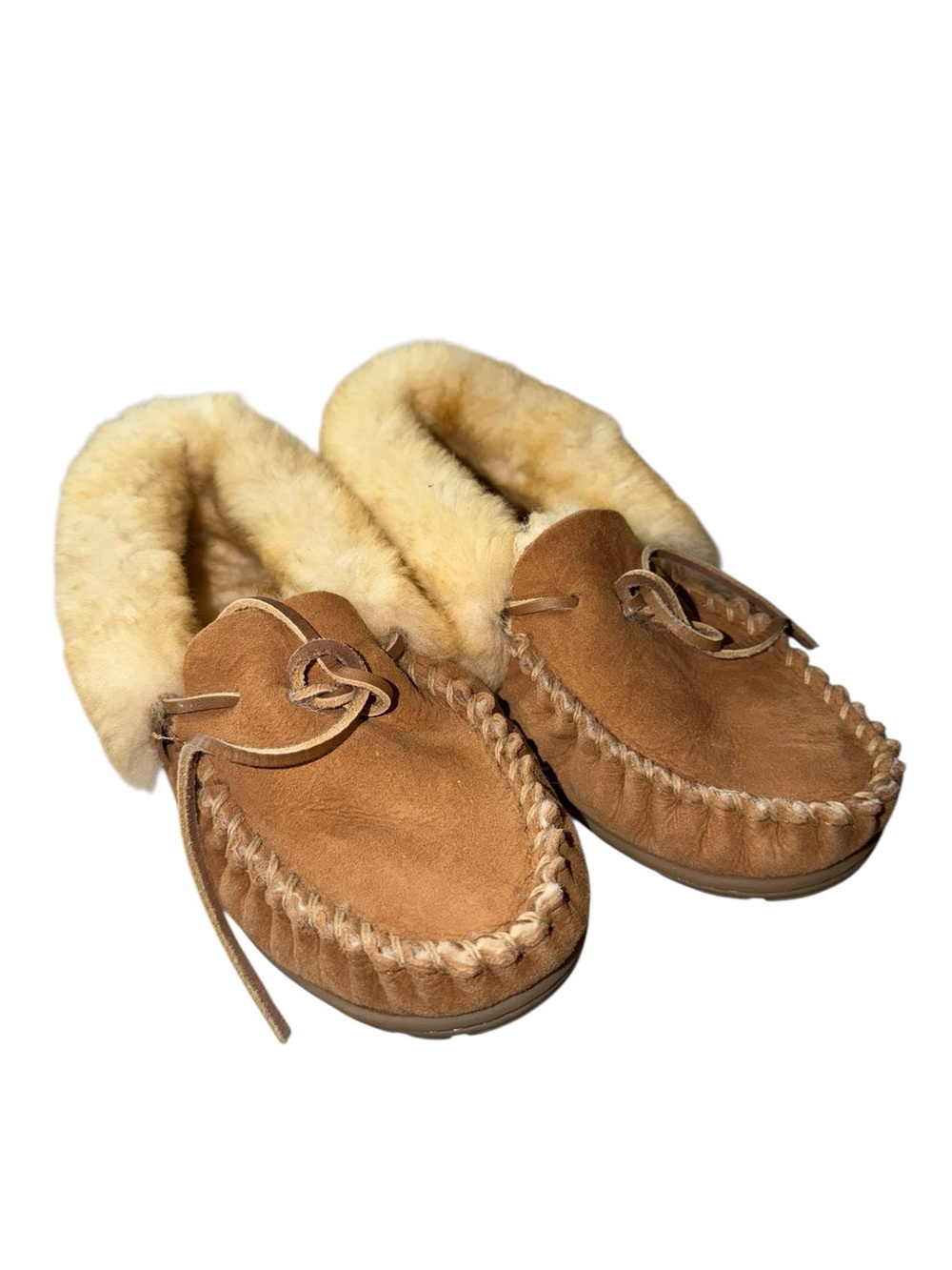 L.L. Bean Chestnut Brown Suede Shearling-Lined Moccasin Slippers